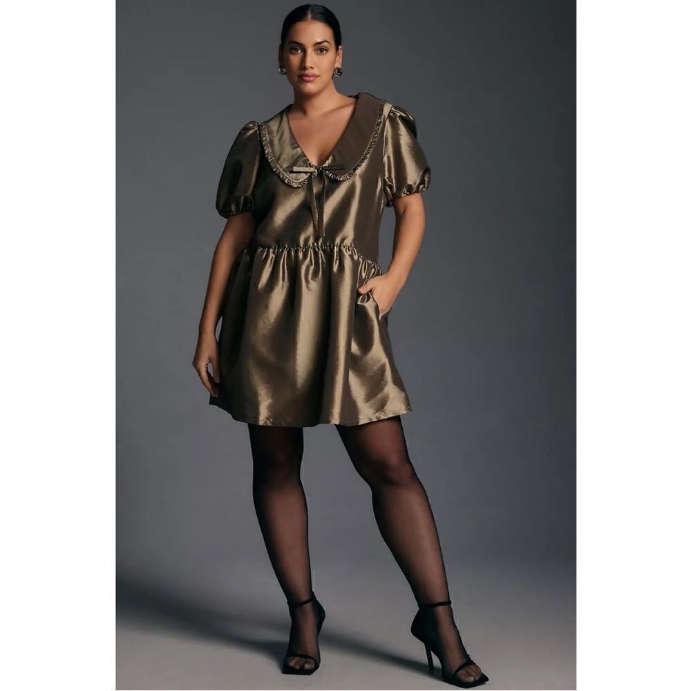 NEW Anthropologie Porridge Olive Short-Sleeve Collared Taffetta Mini Dress Large - Picture 7 of 7